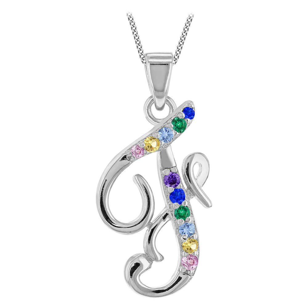 Sterling Silver Coloured Stone Set Initial "F" Pendant - Chain Included image number 0