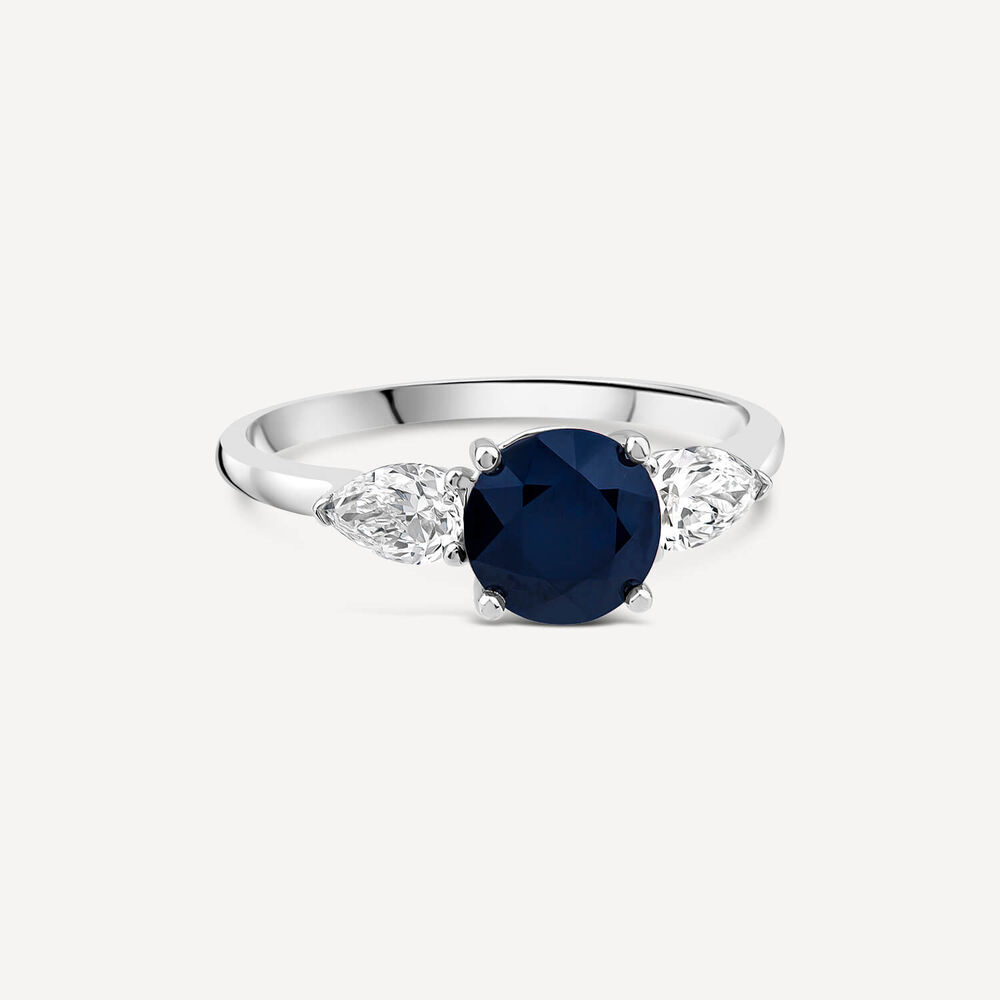 18ct White Gold Round Sapphire & 0.56ct Pear Diamond Sides Ring image number 2