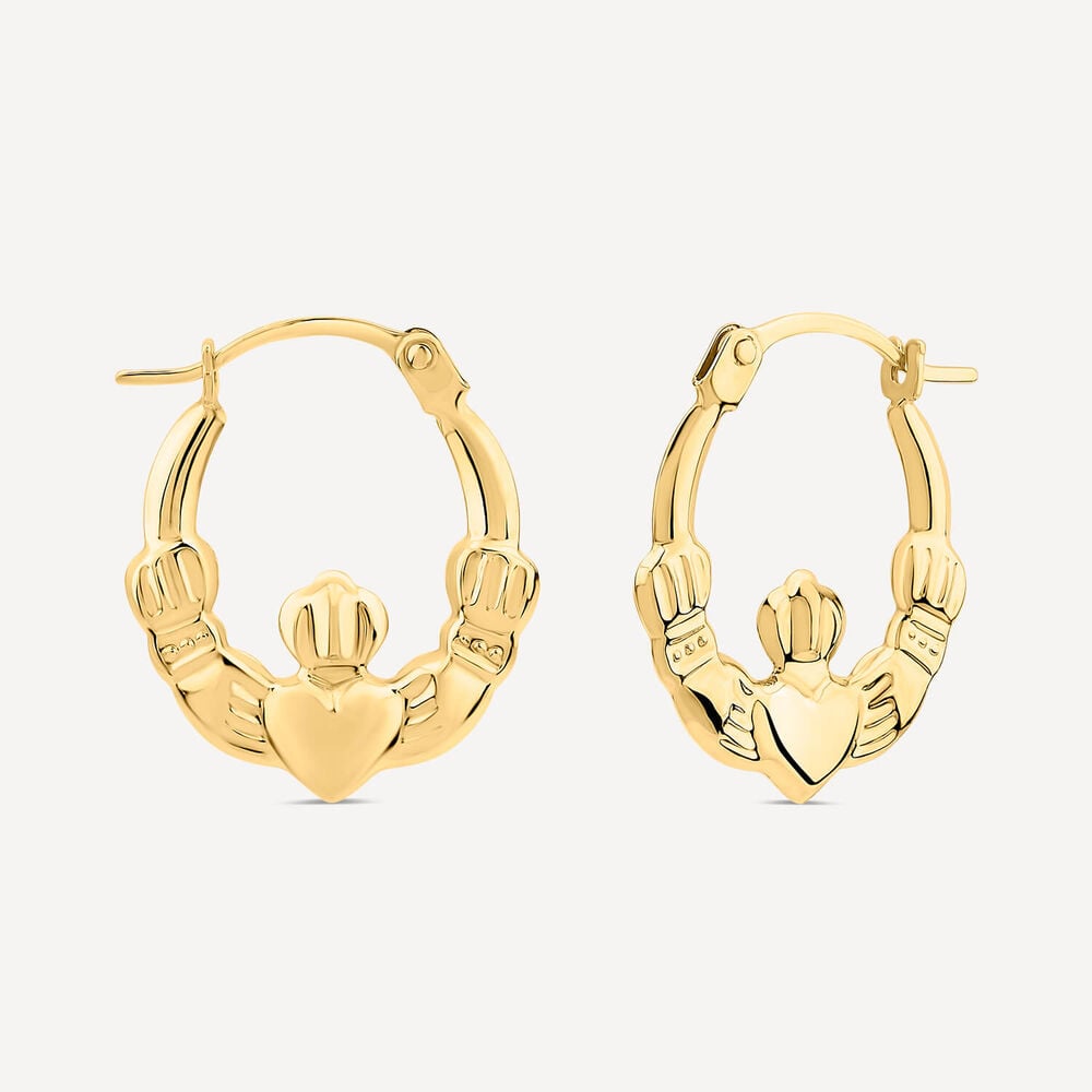 9ct Yellow Gold Mini Claddagh Creole Hoop Earrings