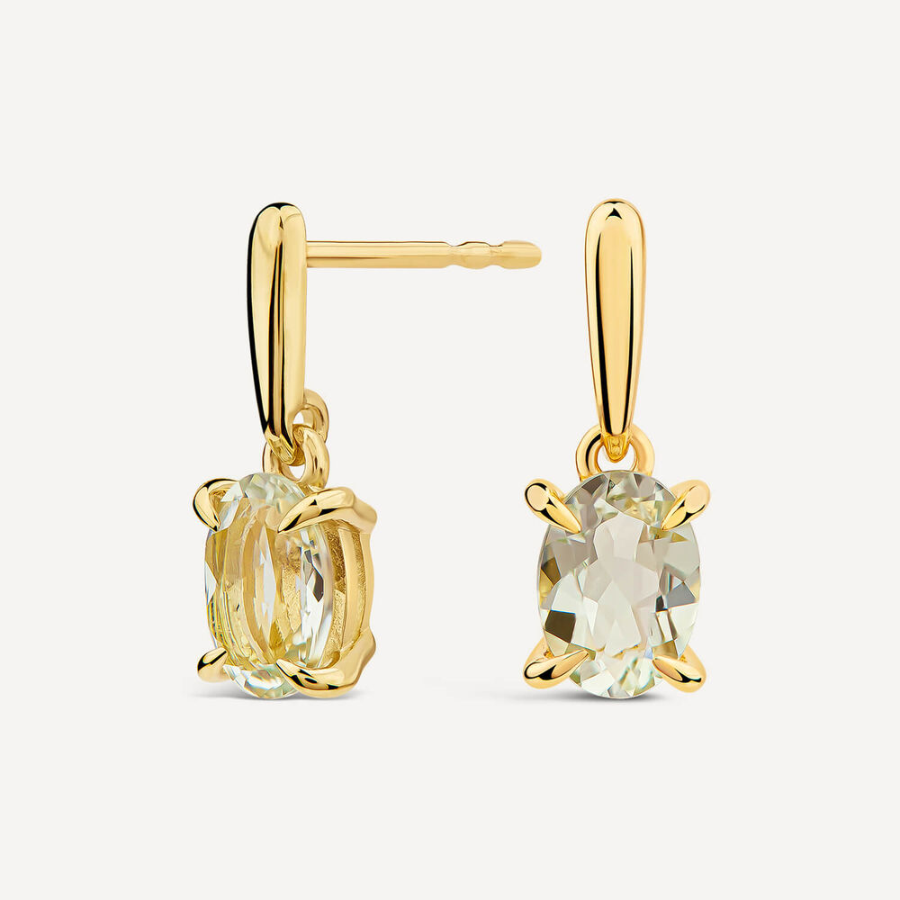 9ct Yellow Gold Oval Green Amethyst Drop Earrings image number 1