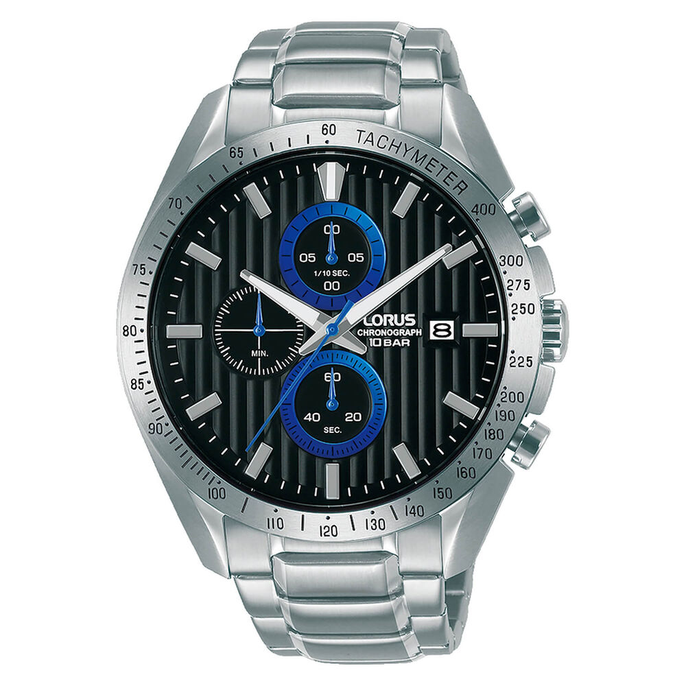 Lorus Gents Sports Chronograph Stainless Steel Bracelet Black Dial With Blue Detailing Watch