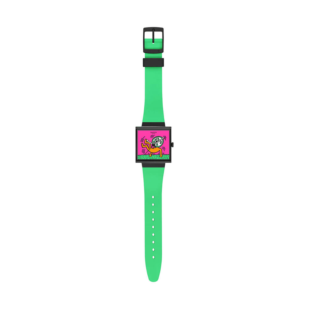 Swatch Break Time 41.8mm Square Multi Colour Dial Green Silicone Strap Watch image number 2