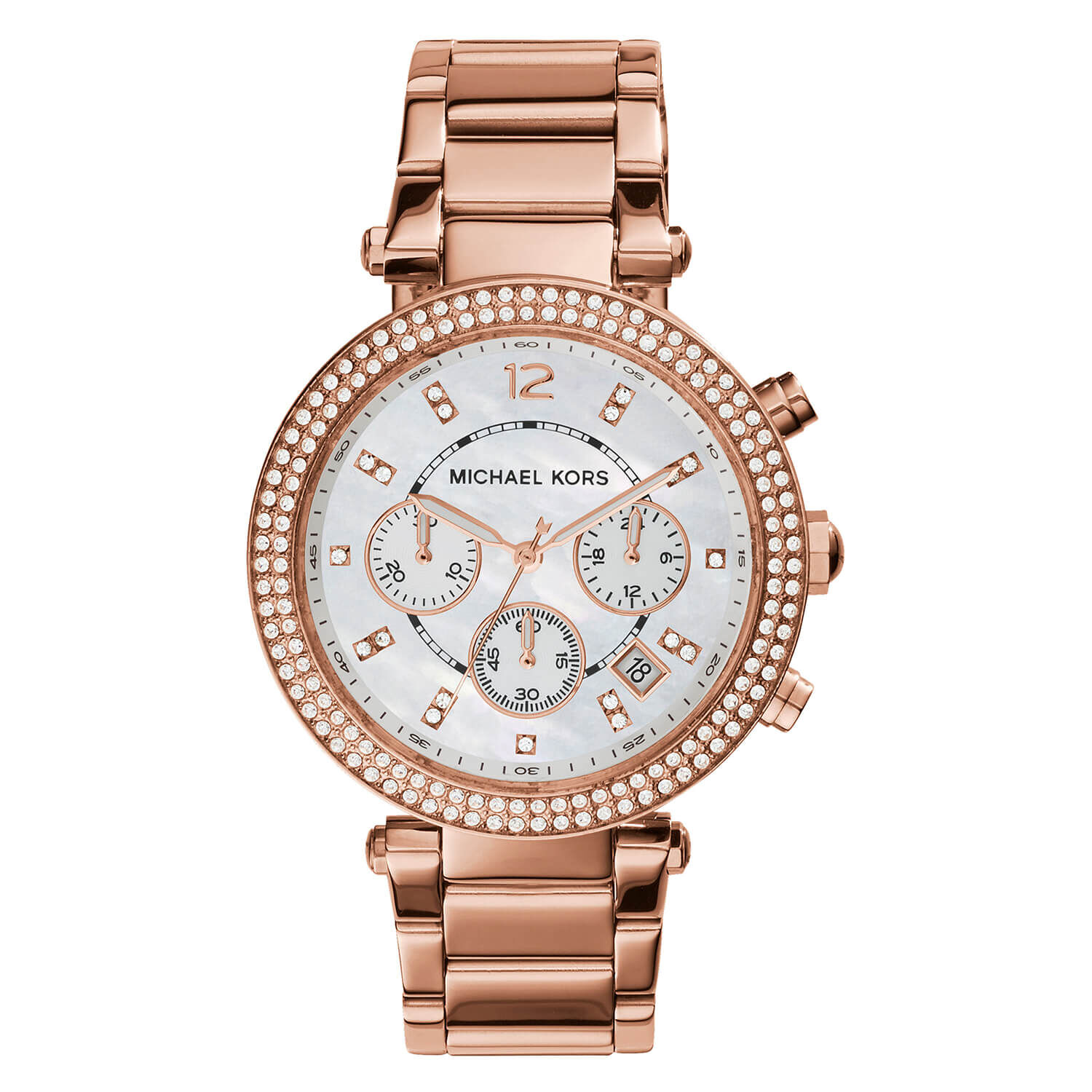 Michael Kors Parker 39mm MOP Chronograph Cubic Zirconia Dial Bezel Rose Gold Plated Bracelet Watch