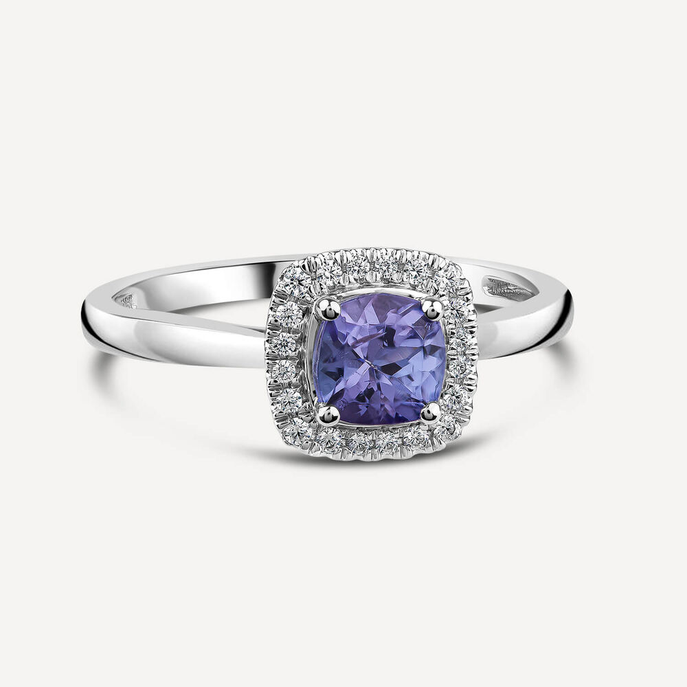9ct White Gold Cushion Tanzanite & 0.10ct Diamond Halo Ring image number 2