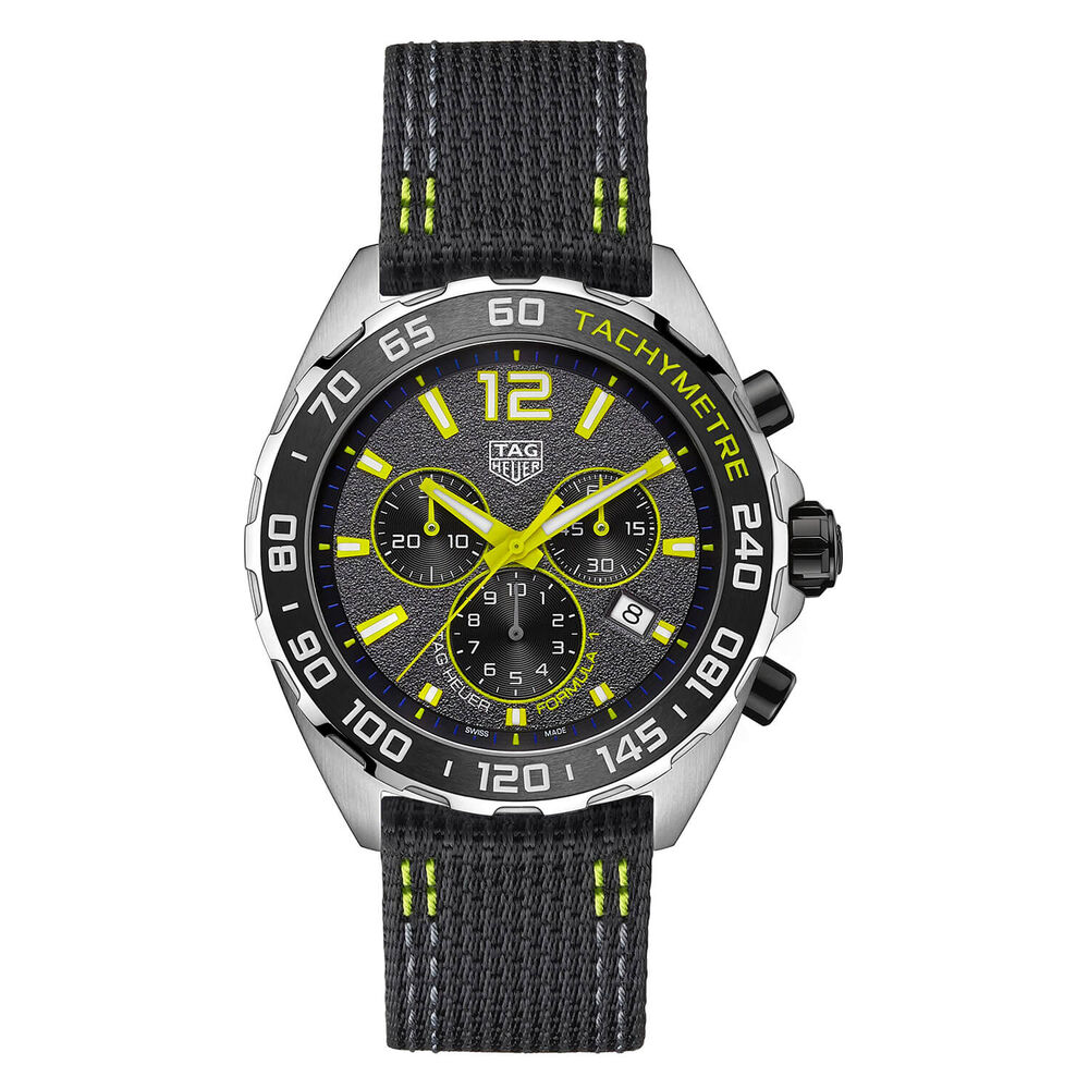 TAG Heuer Formula 1 Quartz 43mm Grey Yellow Detail Dial Chronograph Steel Case Black Nylon Strap Watch