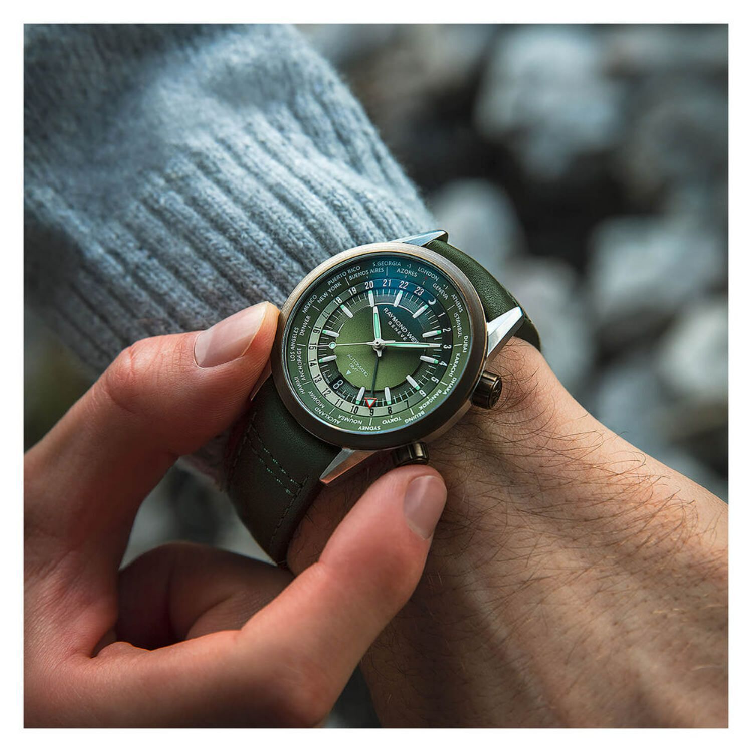 Raymond Weil Freelancer 40.5mm GMT Green Dial Strap Watch