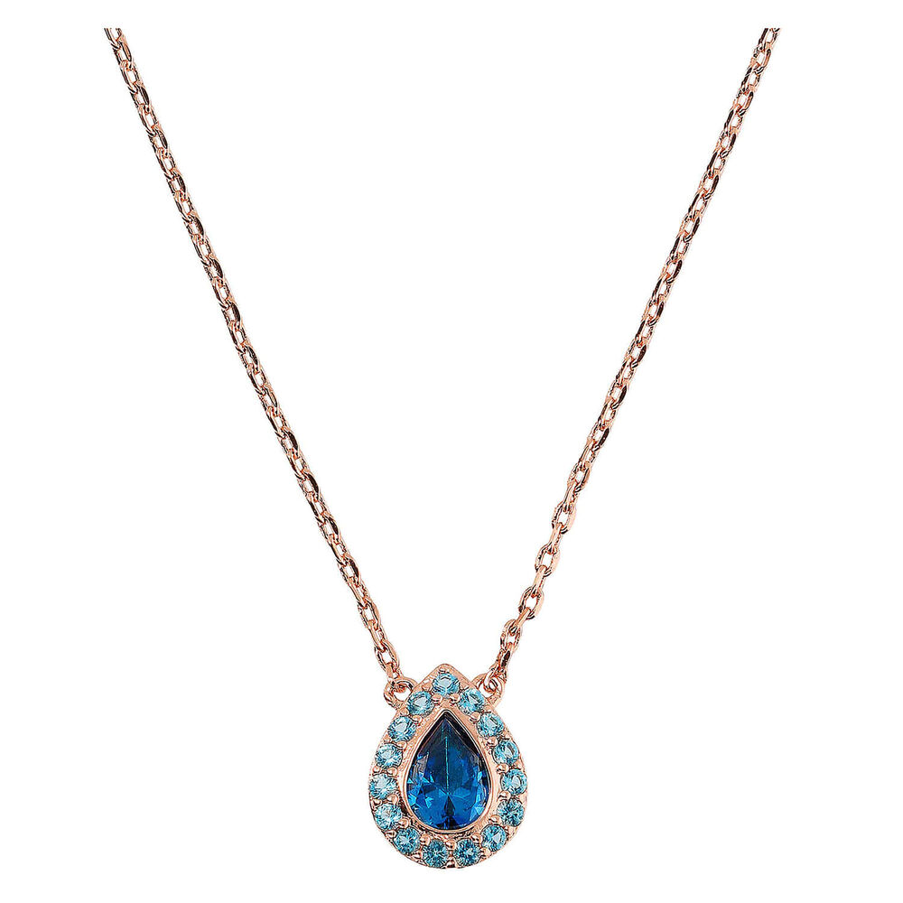 Bronzallure 18ct Rose Gold Plated Blue Cubic Zirconia Drop Pendant Chain Necklace