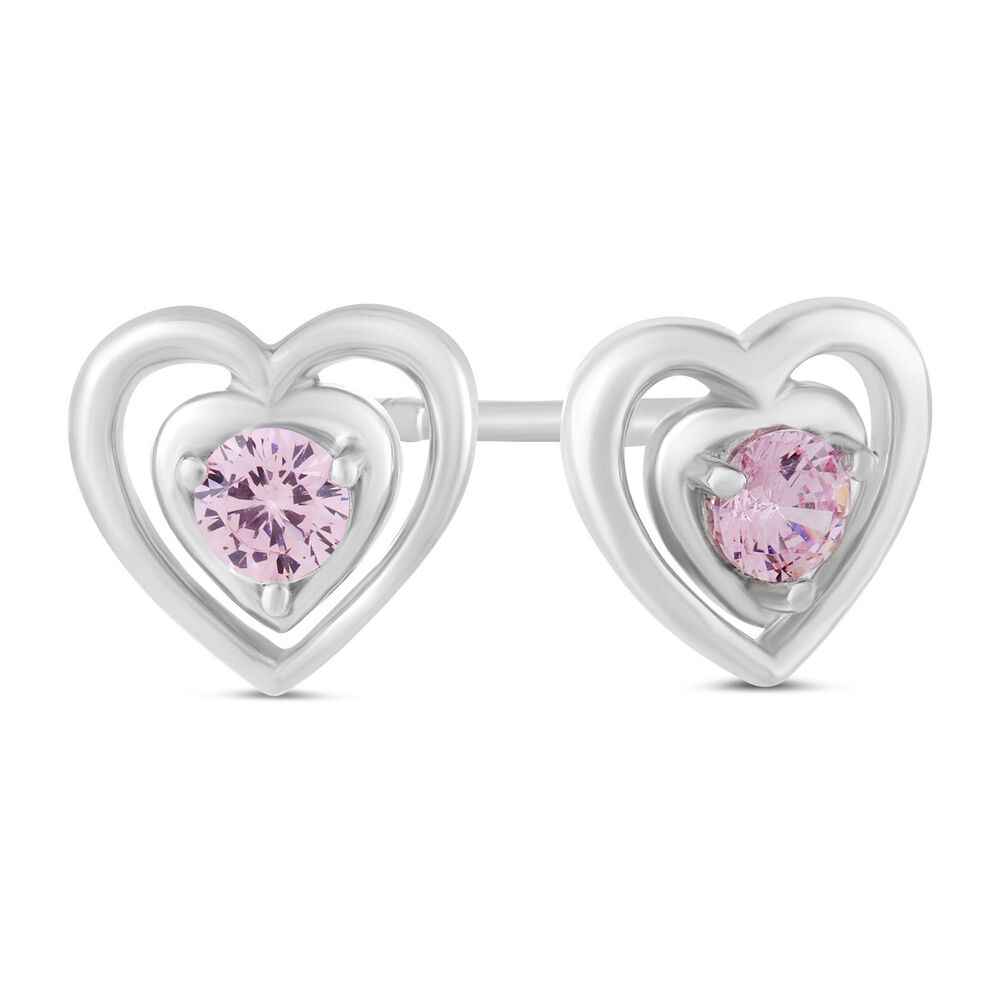 Little Treasure Sterling Silver Pink Crystal Heart Stud Earrings image number 1