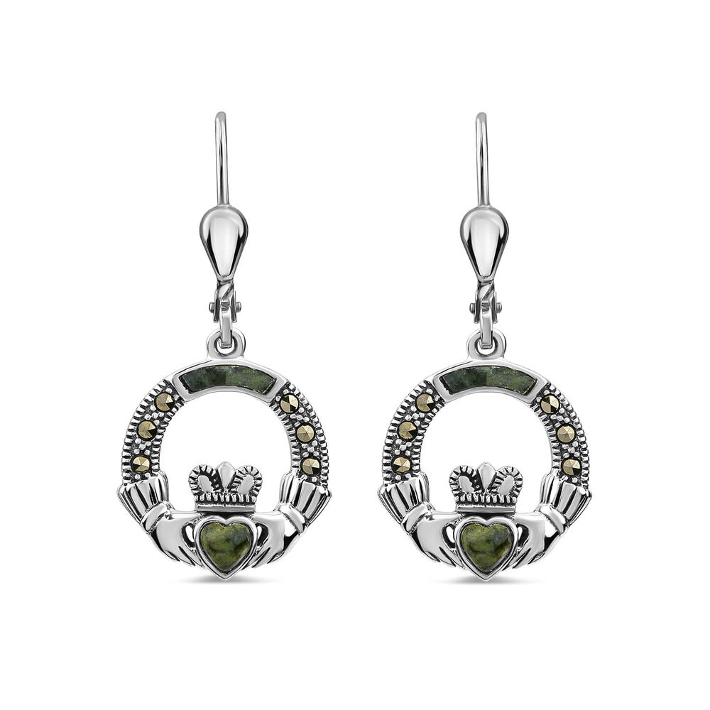 Sterling Silver Marcasite & Marble Claddagh Drop Earrings