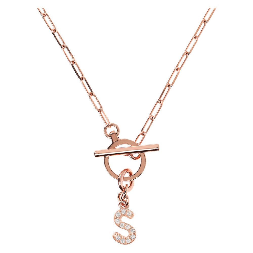 Bronzallure Mini Paper Link With Latter S Pave And T-Bar Necklace
