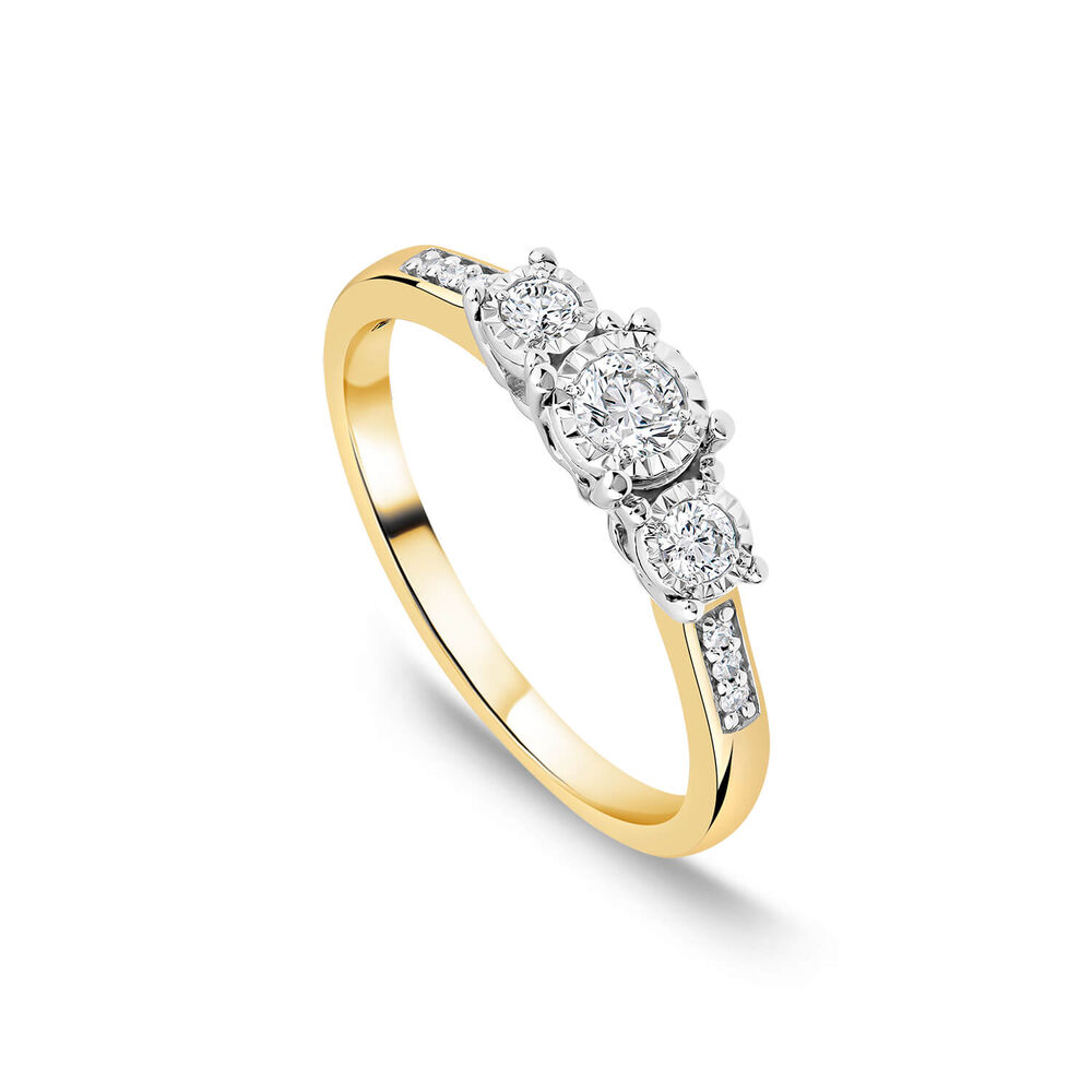 9ct Yellow Gold 0.33ct Illusion Three Stones & Diamond Shoulders Ring