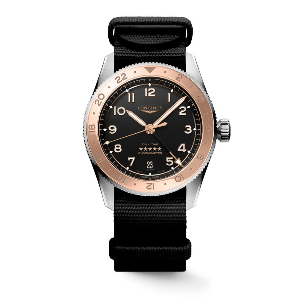 Longines Spirit Zulu Time 1925 39mm Black Dial 18kt Rose Gold Bezel Steel Bracelet Watch image number 1