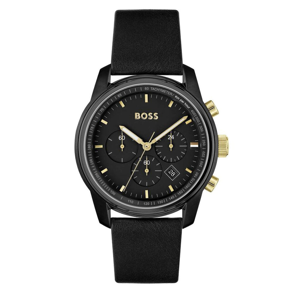 Hugo BOSS Trace 44mm Black Dial Black Leather Strap Watch