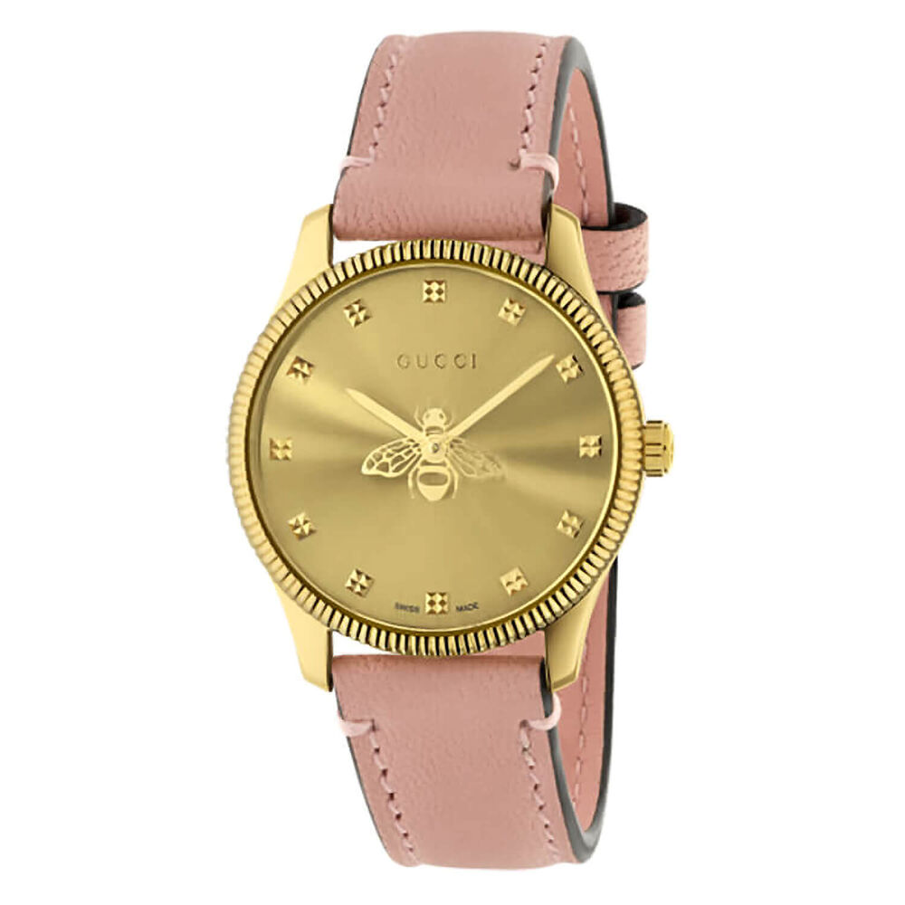Gucci G-Timeless 29mm Champagne Dial Bee Detail Pink Strap Watch