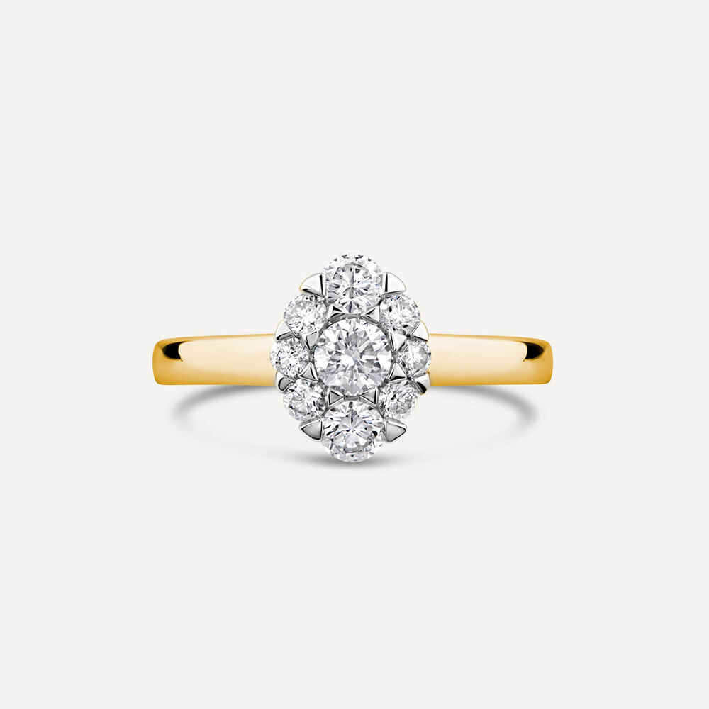 18ct Yellow Gold 0.57ct Oval Cluster Diamond Polished Band Engagement Ring image number 1