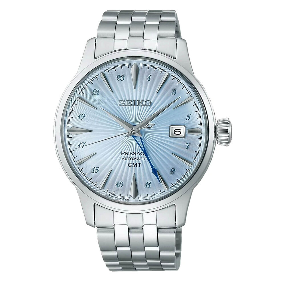 Seiko Presage Cocktail Time 'Skydiving' GMT 40.5mm Light Blue Dial Steel Bracelet Watch image number 0