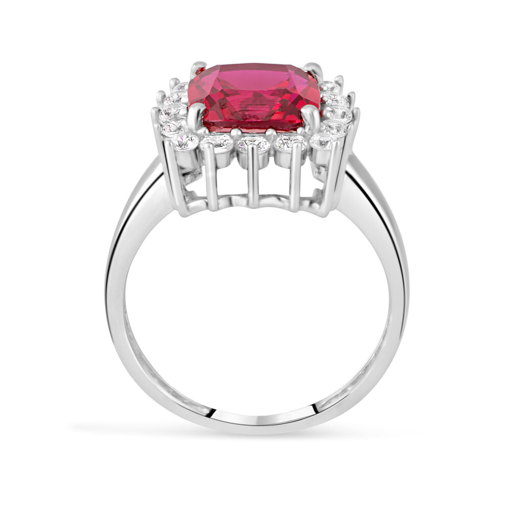 9ct White Gold Cushion Created Ruby And Cubic Zirconia Ring image number 3