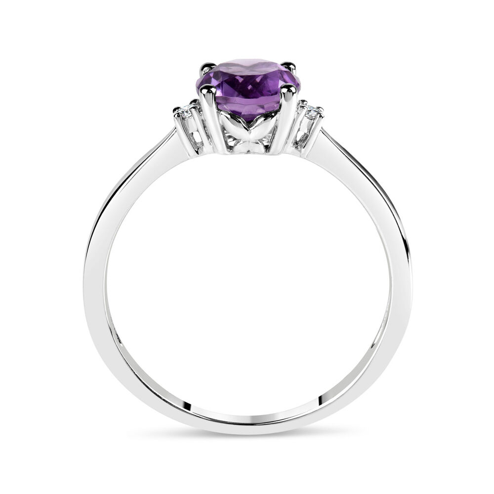 9ct White Gold Round Amethyst Centre 0.02ct Diamond Side Ring image number 2