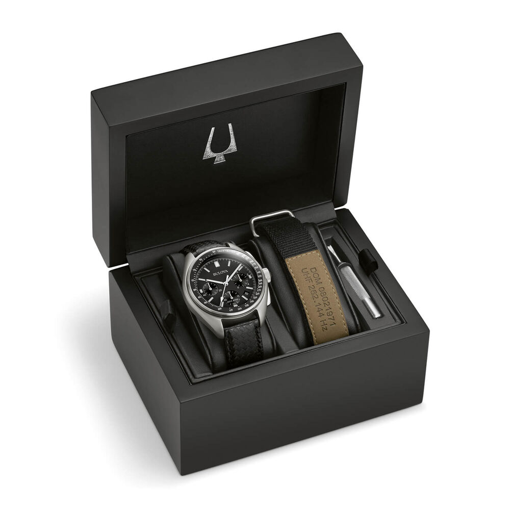 Bulova Archive Moonwatch Black Dial Chronograph Steel Case Black Strap Watch image number 10