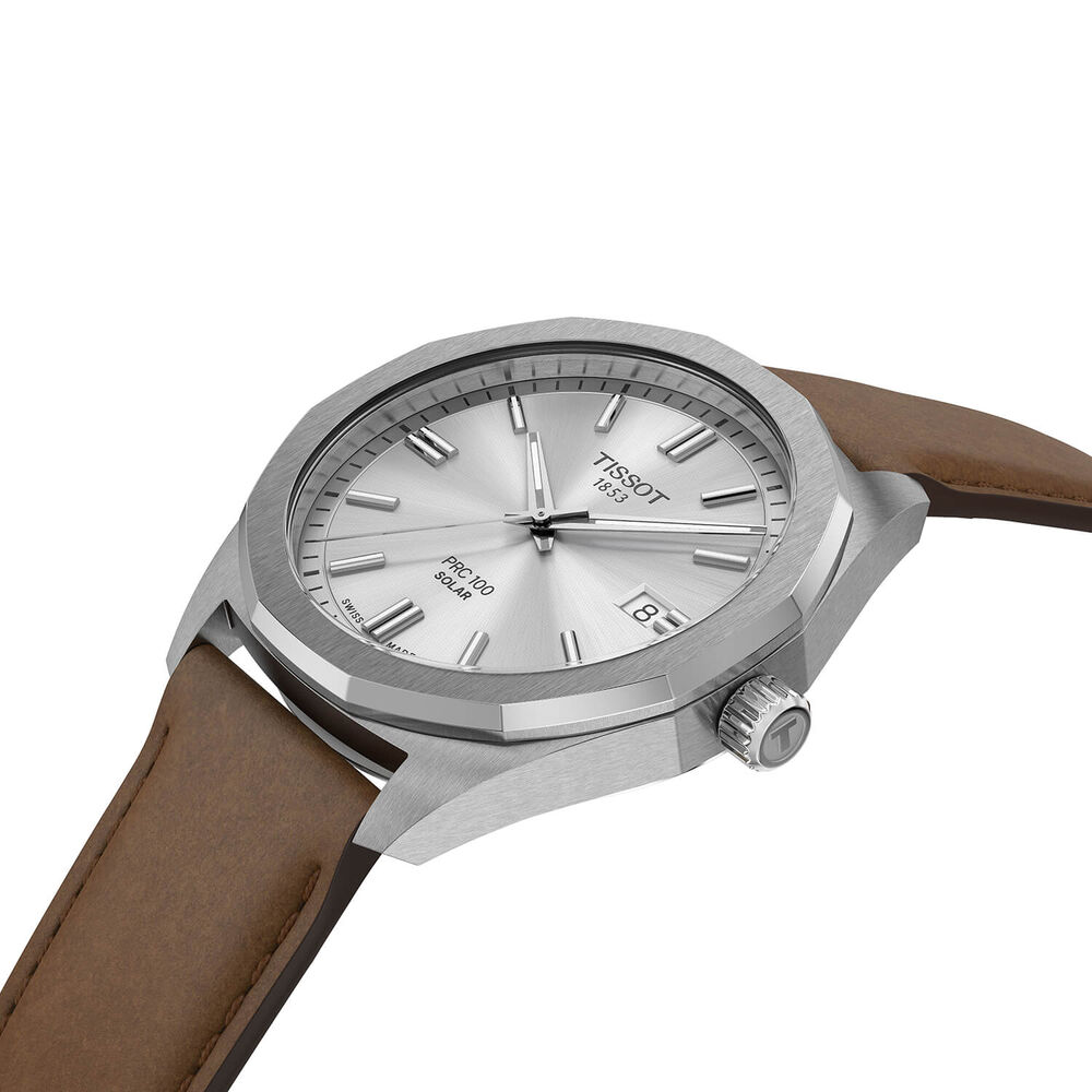 Tissot PRC 100 Solar 39mm Silver Dial Brown Leather Strap Watch image number 1