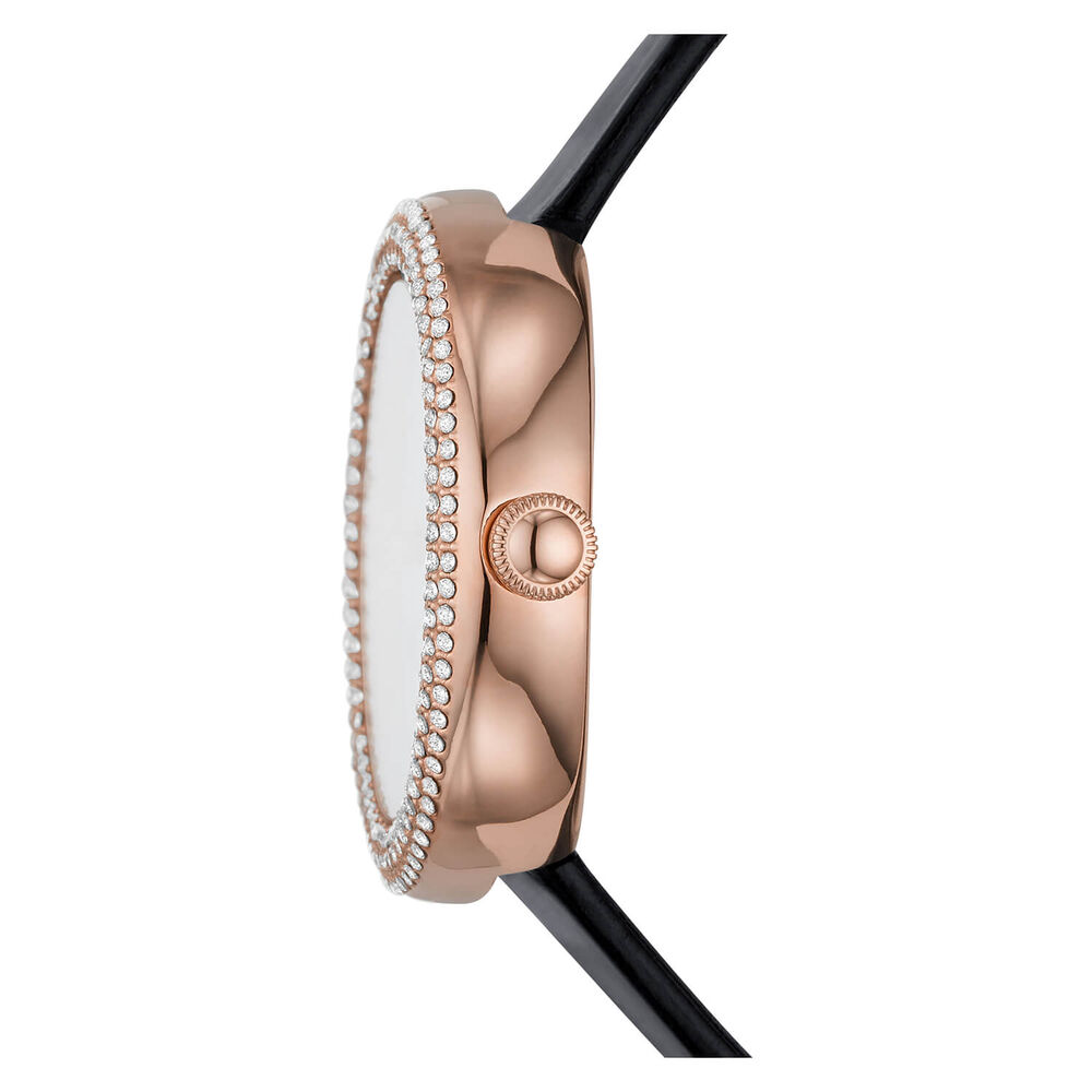 Emporio Armani Rosa 30mm White MOP Dial Rose Gold Bezel Cubic Zirconia Set Black Strap Watch image number 1