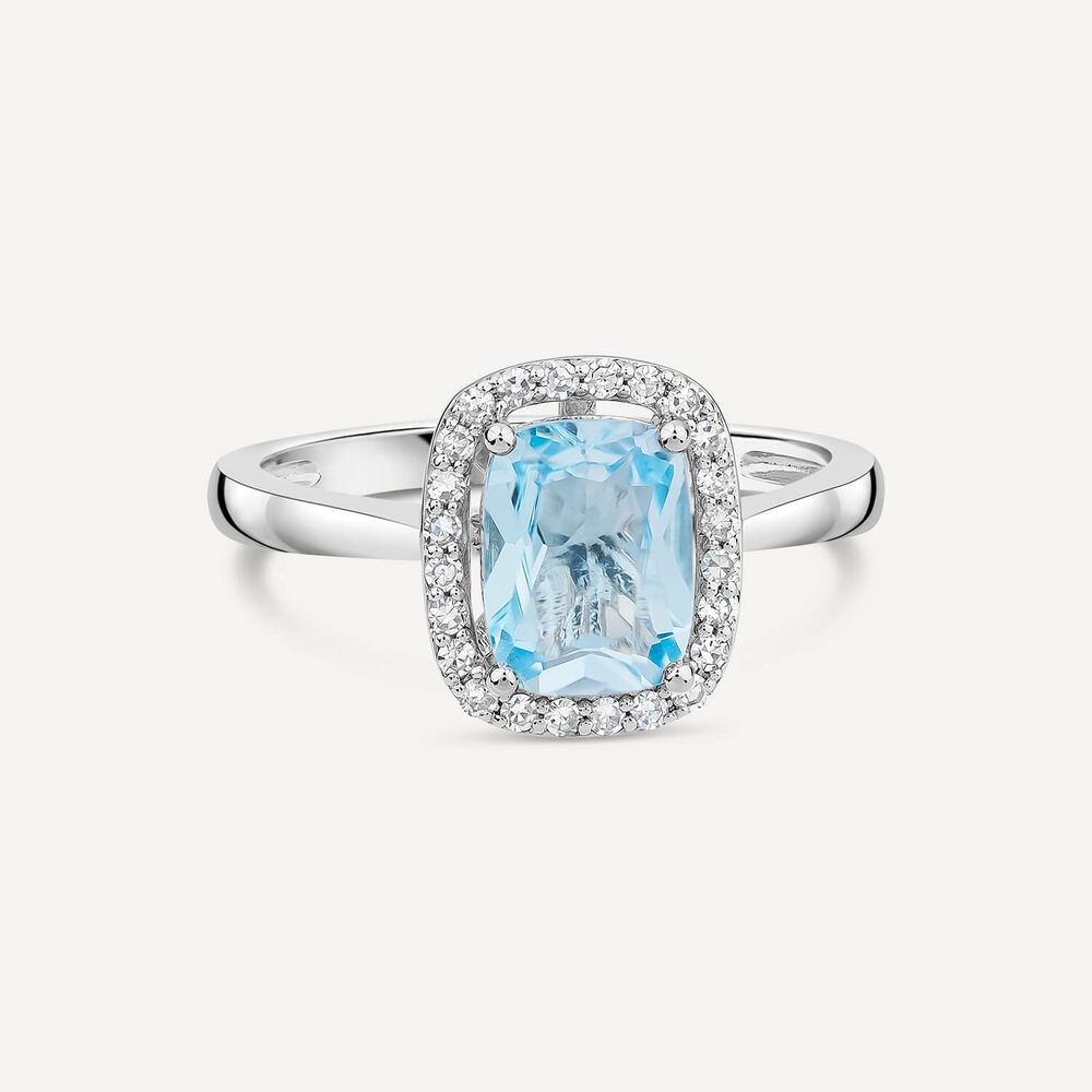 9ct White Gold Cushion Blue Topaz Centre 0.14ct Diamond Frame Polished Band Ring image number 2