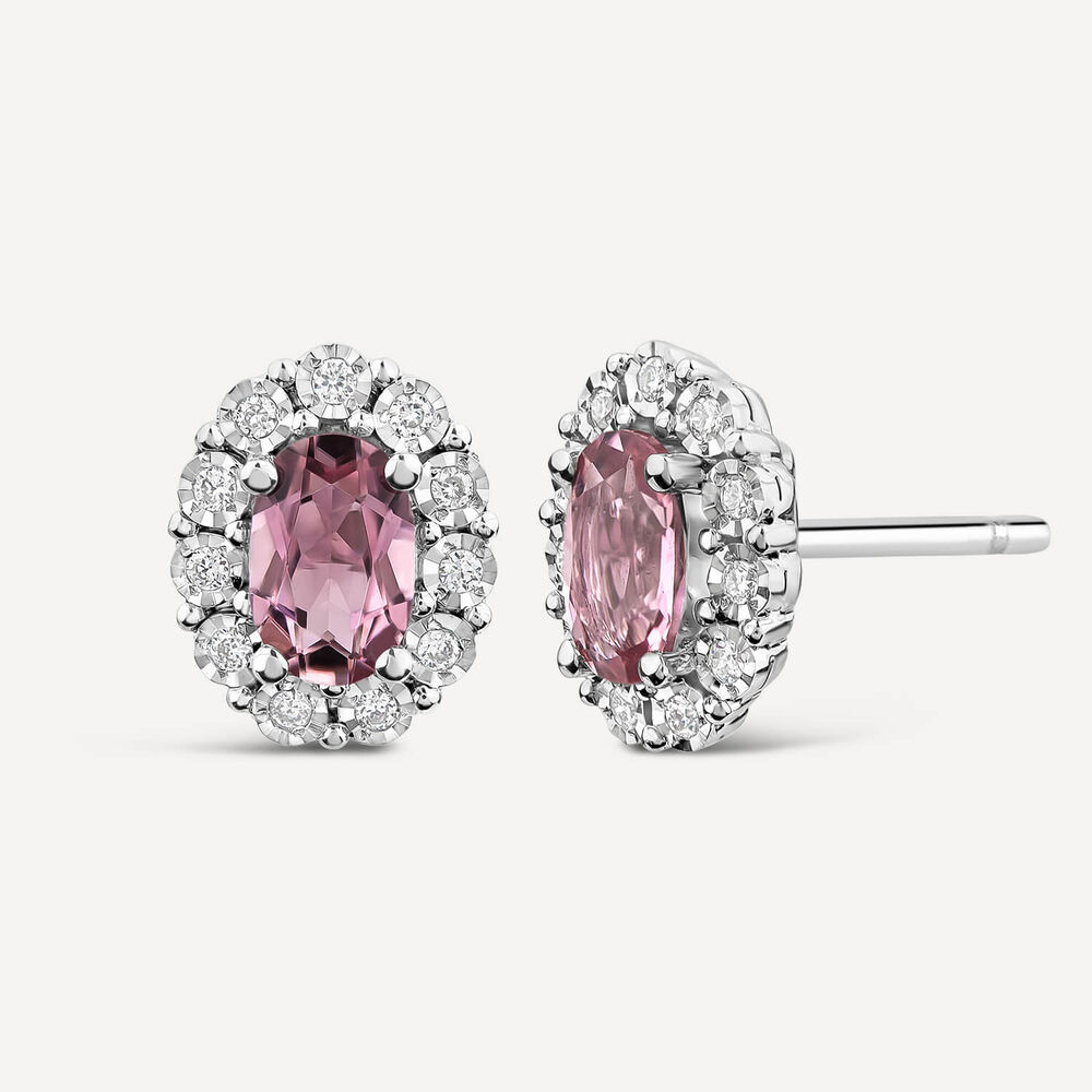 9ct White Gold Oval Pink Tourmaline 0.05ct Diamond Cluster Stud Earrings image number 1