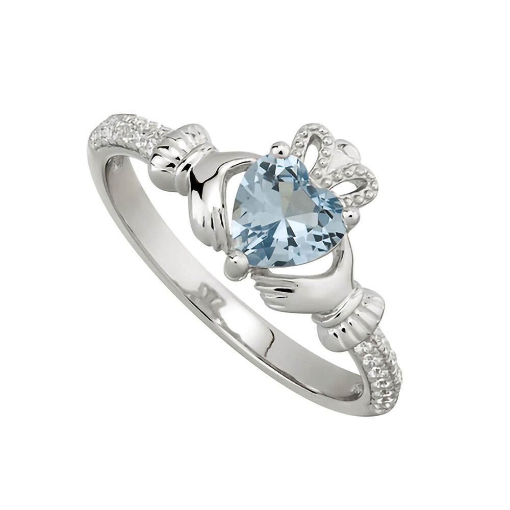 Sterling Silver Claddagh Birthstone December Cubic Zirconia Shoulder Set Ring