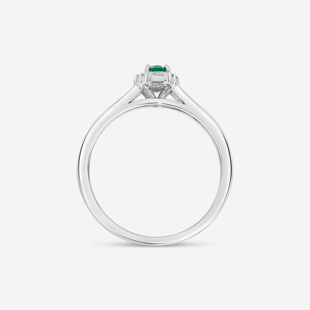 9ct White Gold Oval Emerald Centre 0.15ct Diamond Round & Baguette Halo & Shoulders Ring image number 3
