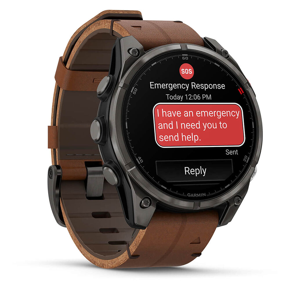 Garmin fenix 8 Pro AMOLED 47mm Carbon Grey DLC Titanium Case Brown Leather Strap Watch image number 3