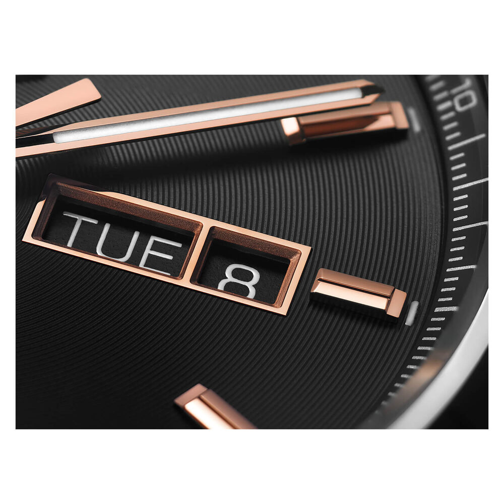 TAG Heuer Carrera Day-Date 41mm Automatic Black Dial Rose Gold Index Black Alligator Strap Watch image number 1