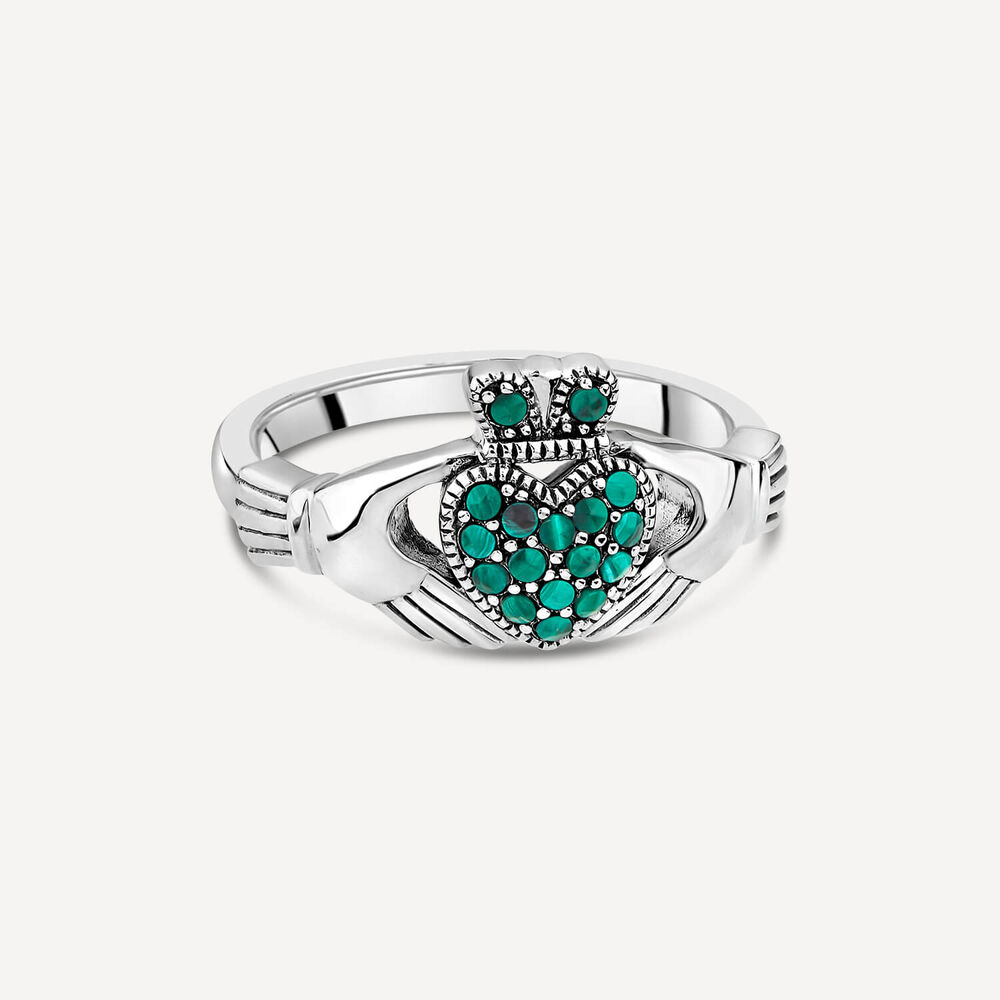 Sterling Silver Green Marcasite Claddagh Ring image number 2