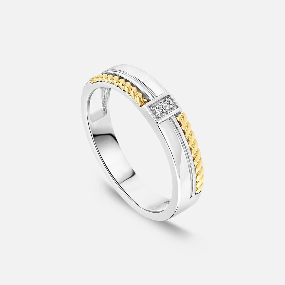 Sterling Silver & 9ct Yellow Gold 0.02ct Diamond Centre Rope Edge Ring