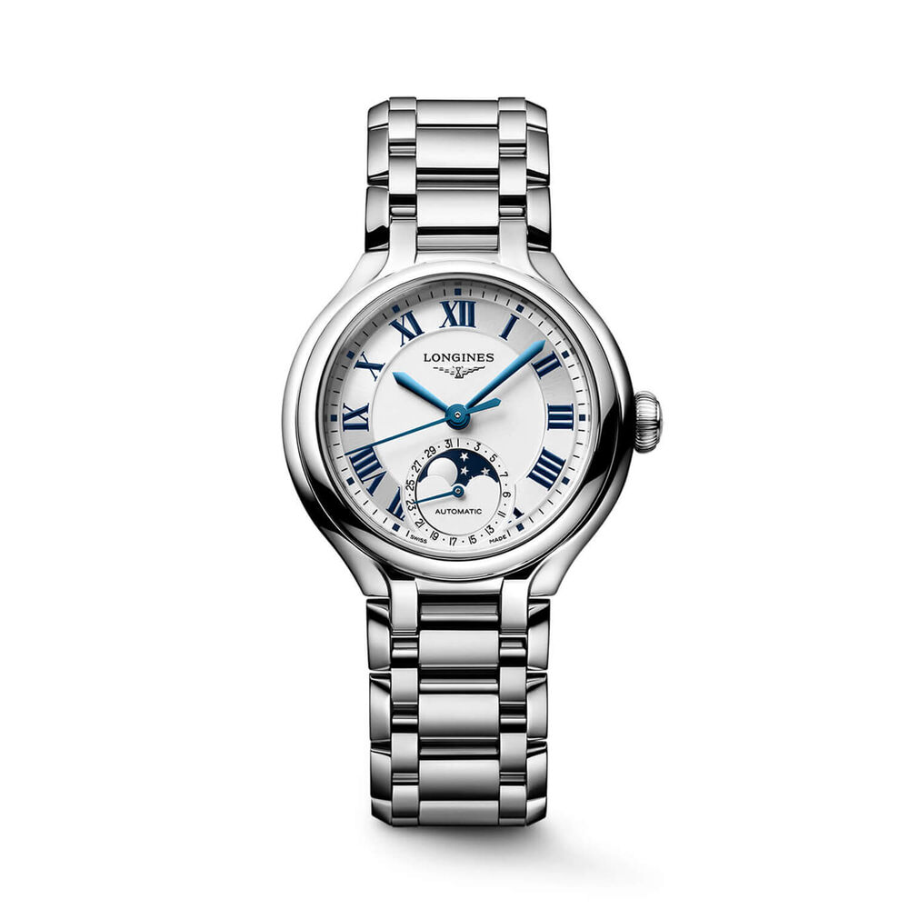 Longines Elegance Primaluna 34mm Silver Dial Moonphase Date Steel Bracelet Watch image number 0