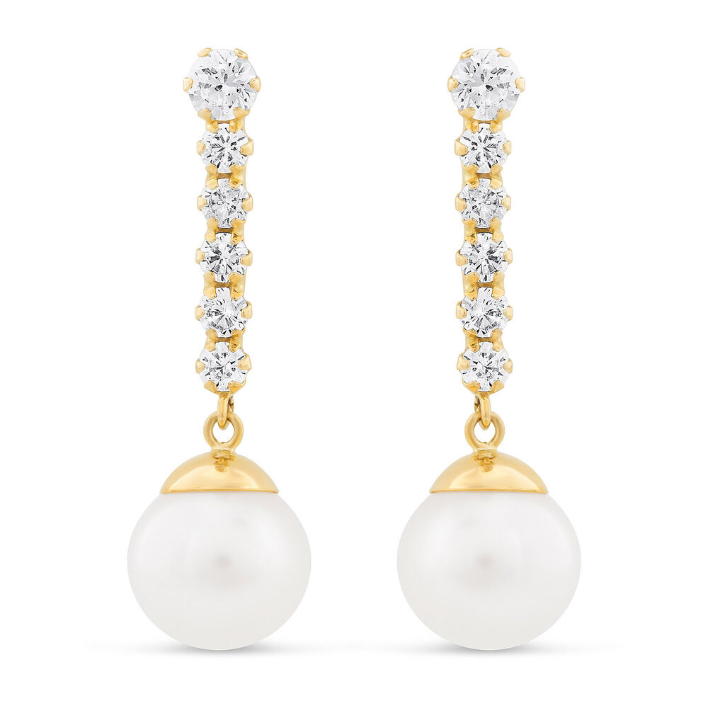 Ladies 9ct Gold Pearl Drop Earrings with Cubic Zirconia image number 0
