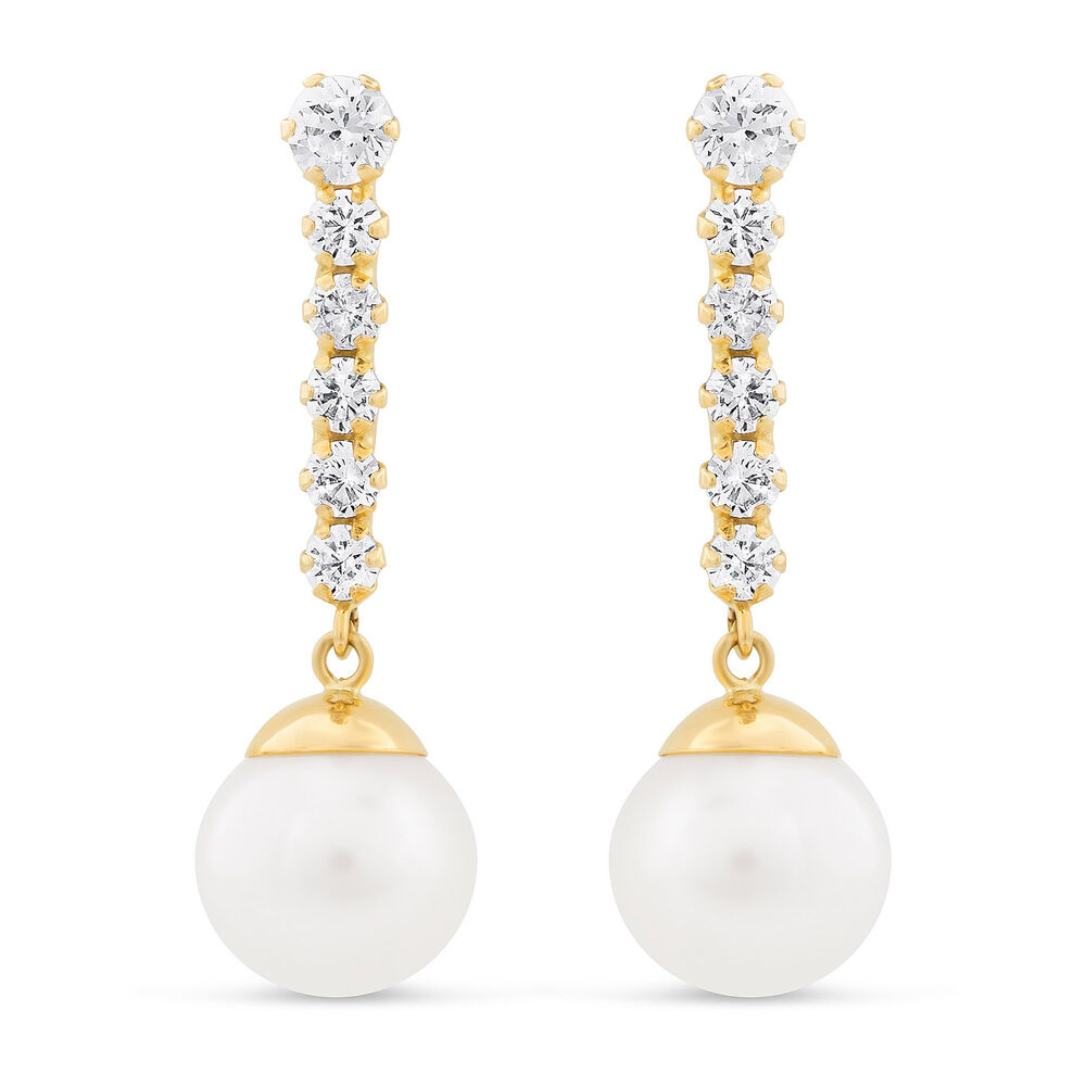 Ladies 9ct Gold Pearl Drop Earrings with Cubic Zirconia image number 0