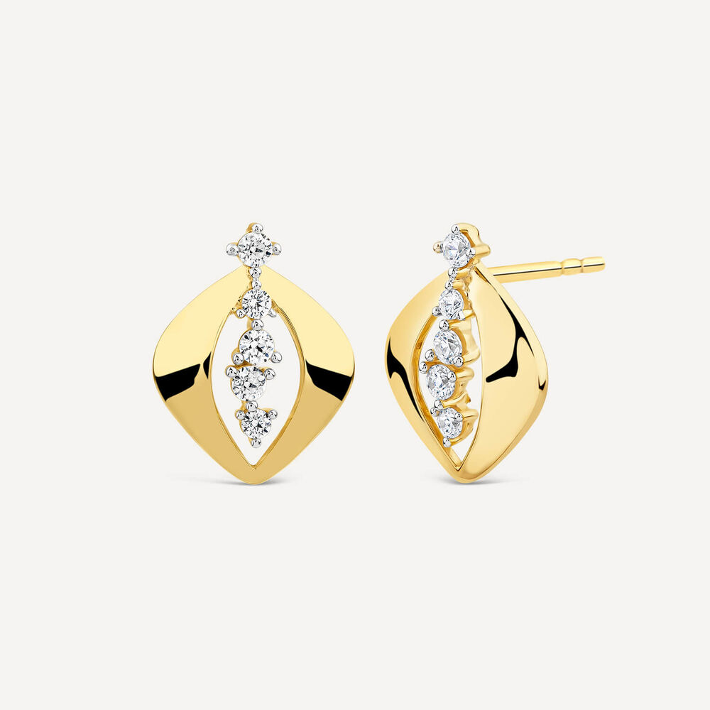 9ct Yellow Gold 5 Cubic Zirconia Stones Set in Open Oblong Shaped Stud Earring image number 1