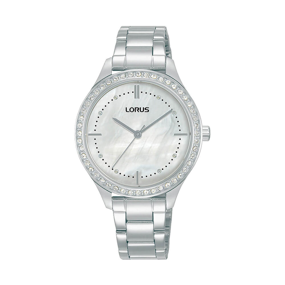 Lorus Quartz Ladies 33mm Mother of Pearl Dial Cubic Zirconia Set Bezel Steel Bracelet Watch image number 0