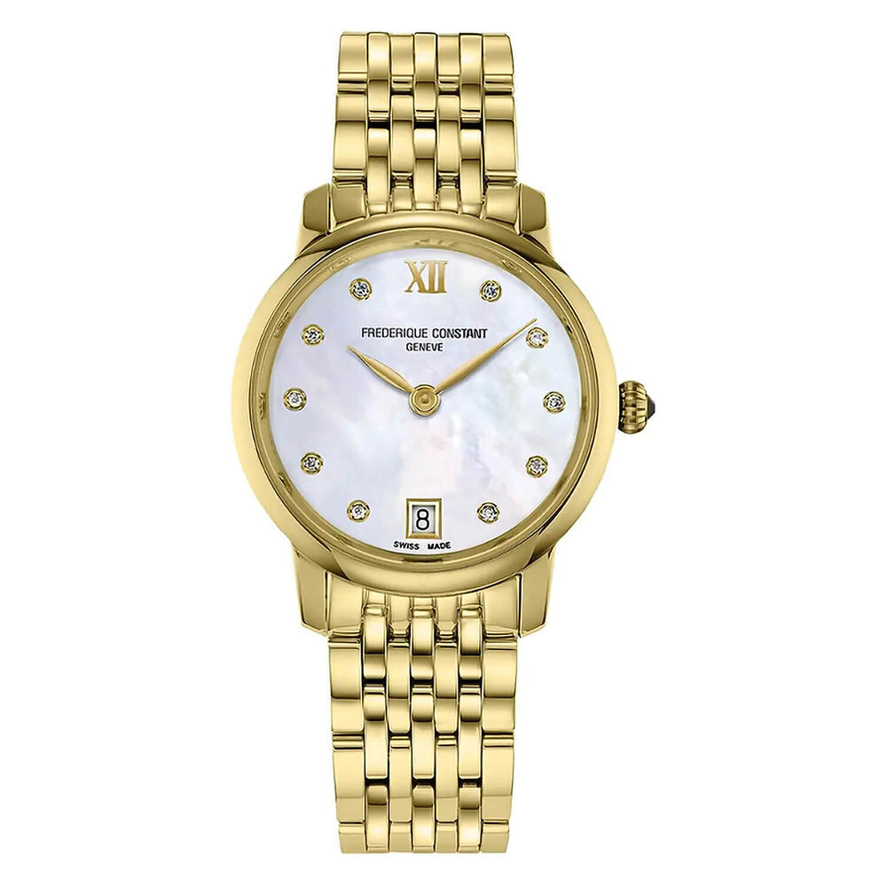 Frederique Constant Slimline 30mm MOP Dial Gold Toned Steel Bracelet Watch image number 0