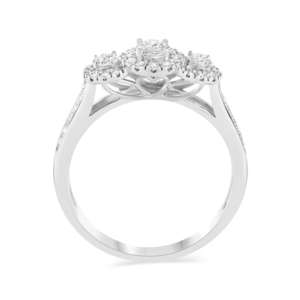 18ct White Gold 0.50ct Diamond Three Stone Halo Ring image number 2