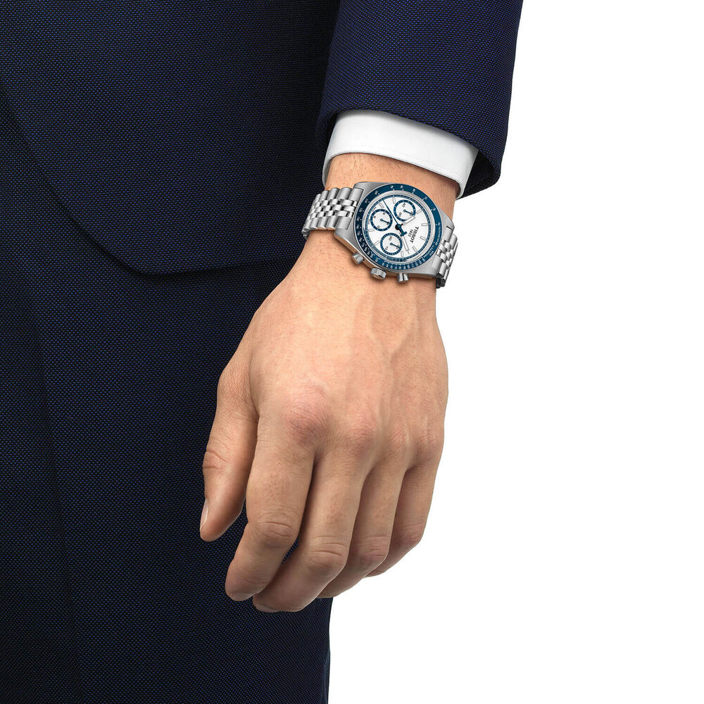 Tissot PR516 Chronograph 41mm White Dial Blue Bezel Steel Bracelet Watch image number 5