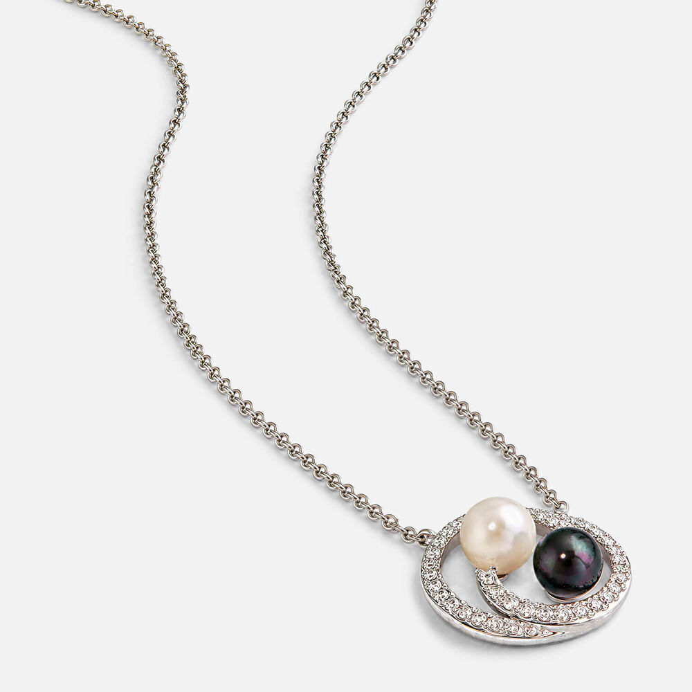 9ct White Gold Black & White Freshwater Pearl 0.11ct Diamond Swirl Necklet