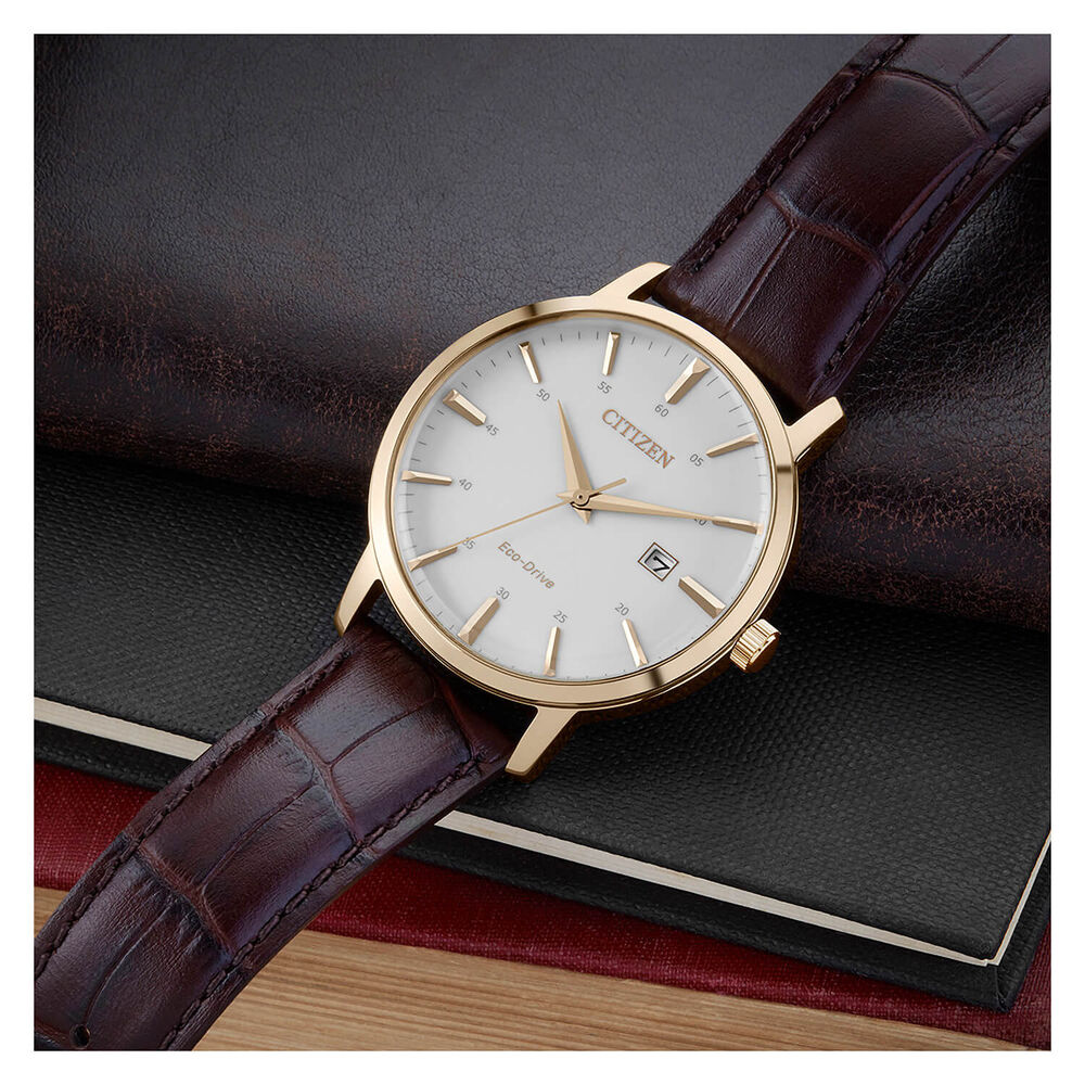 Citizen Eco Drive Rose Case Cream Dial Brown Leather Strap Date Feature Batons Watch image number 2