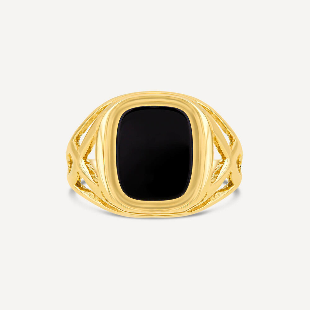 9ct Yellow Gold Men's Onyx Cushion Celtic Sides Signet Ring image number 1