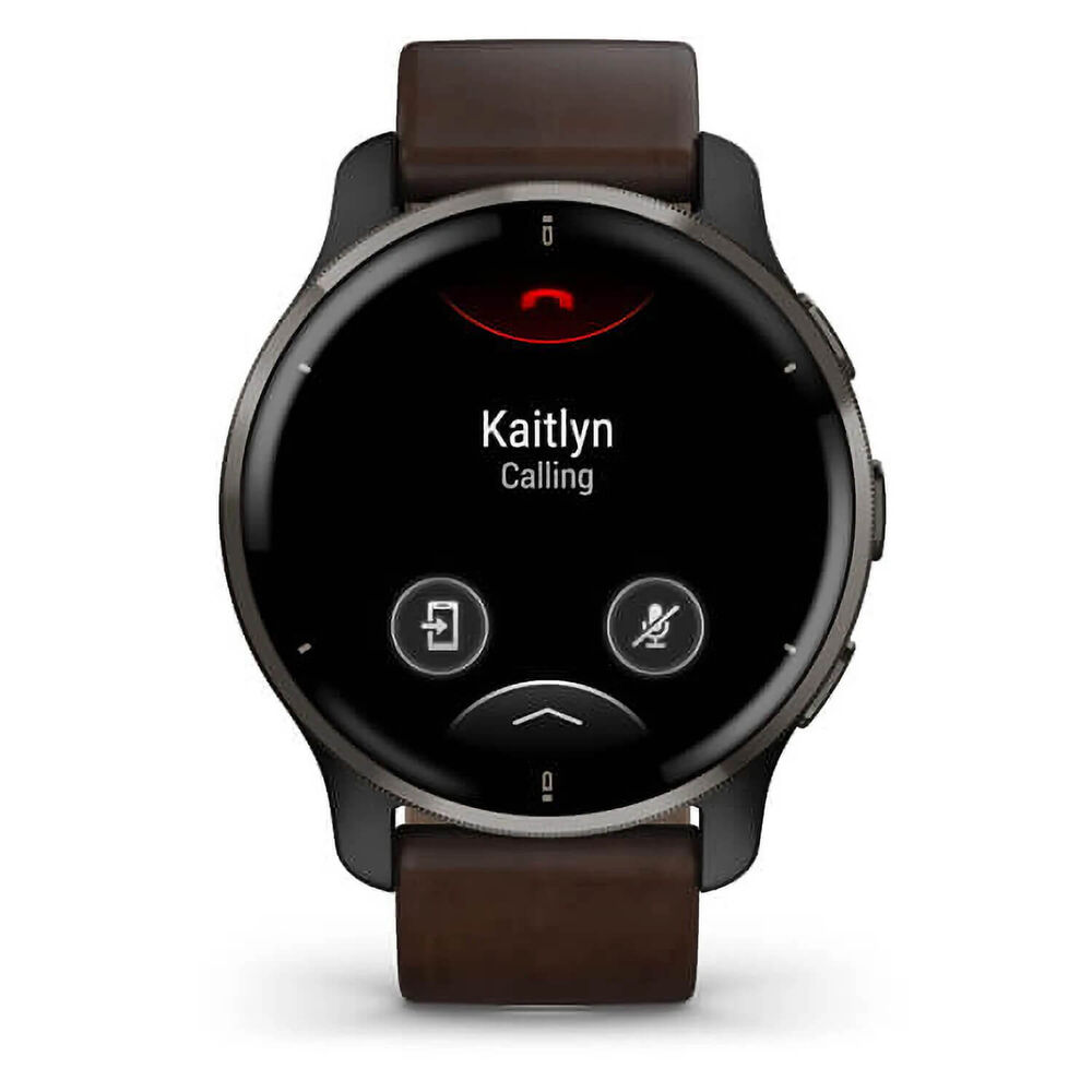 Garmin Venu 2 Plus Slate Stainless Steel Bezel Slate Case Brown Leather Strap Watch