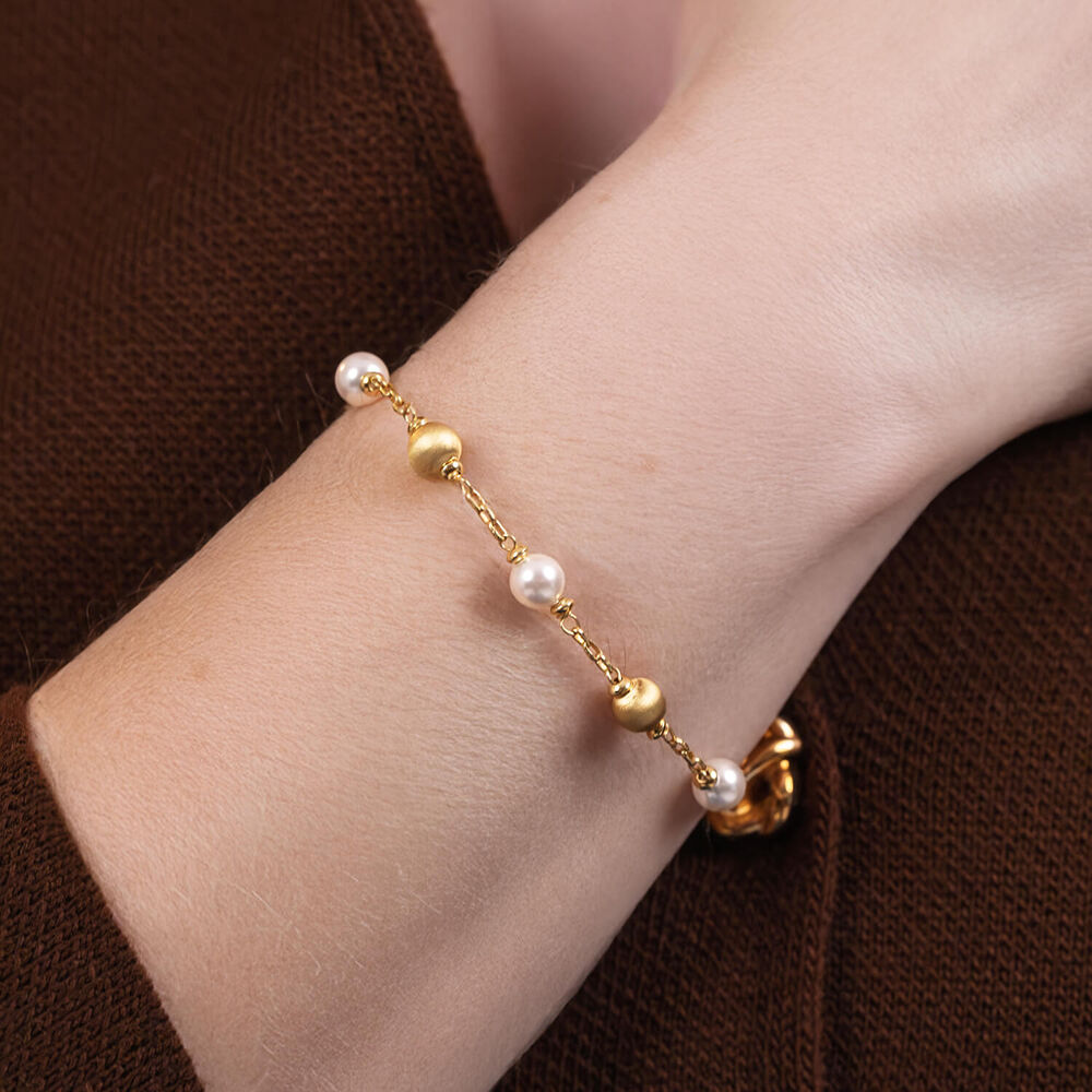 Yellow Gold Plated Sterling Silver Pearls & Matte Beads Bracelet