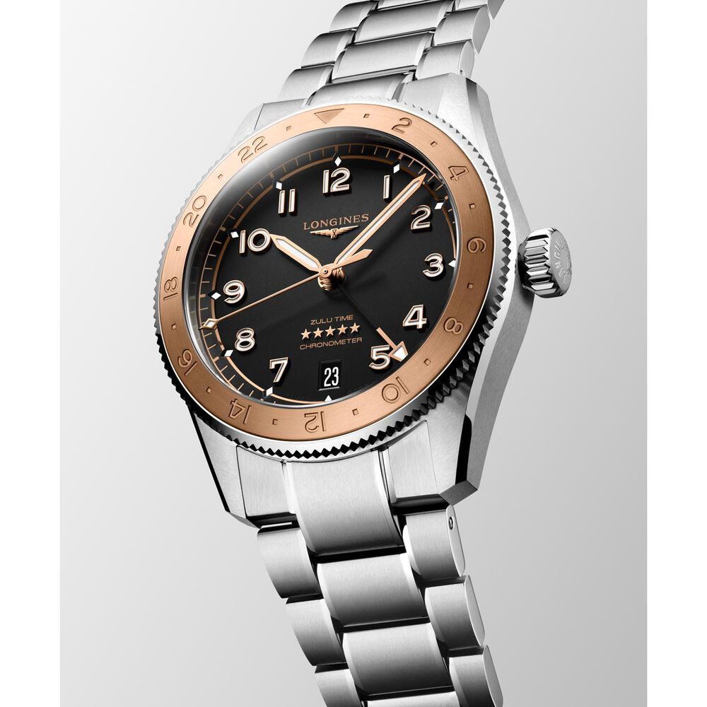 Longines Spirit Zulu Time 1925 39mm Black Dial 18kt Rose Gold Bezel Steel Bracelet Watch image number 3