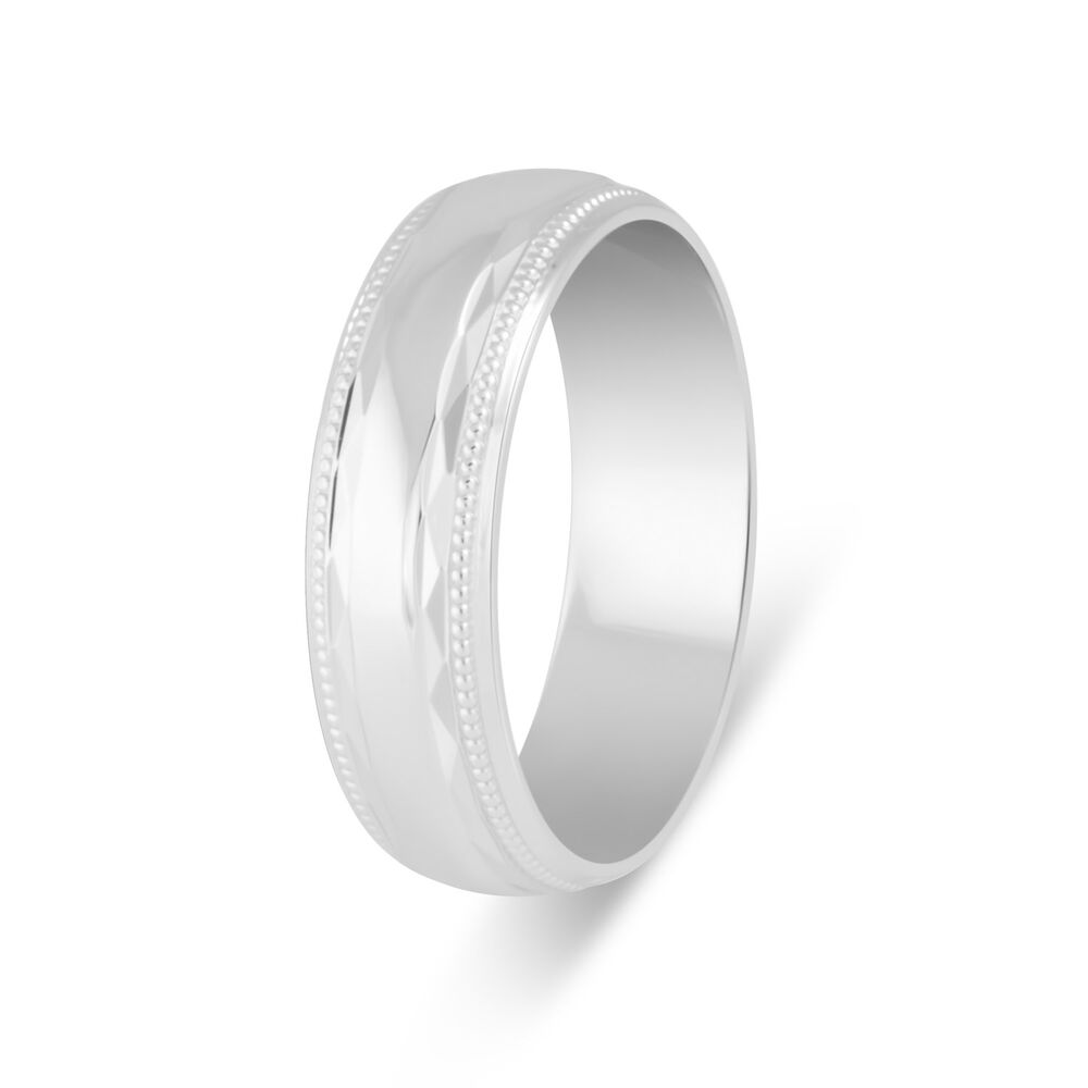 9ct White Gold Polished and diamond-cut with beaded edge 6mm Gents Wedding ring image number 3