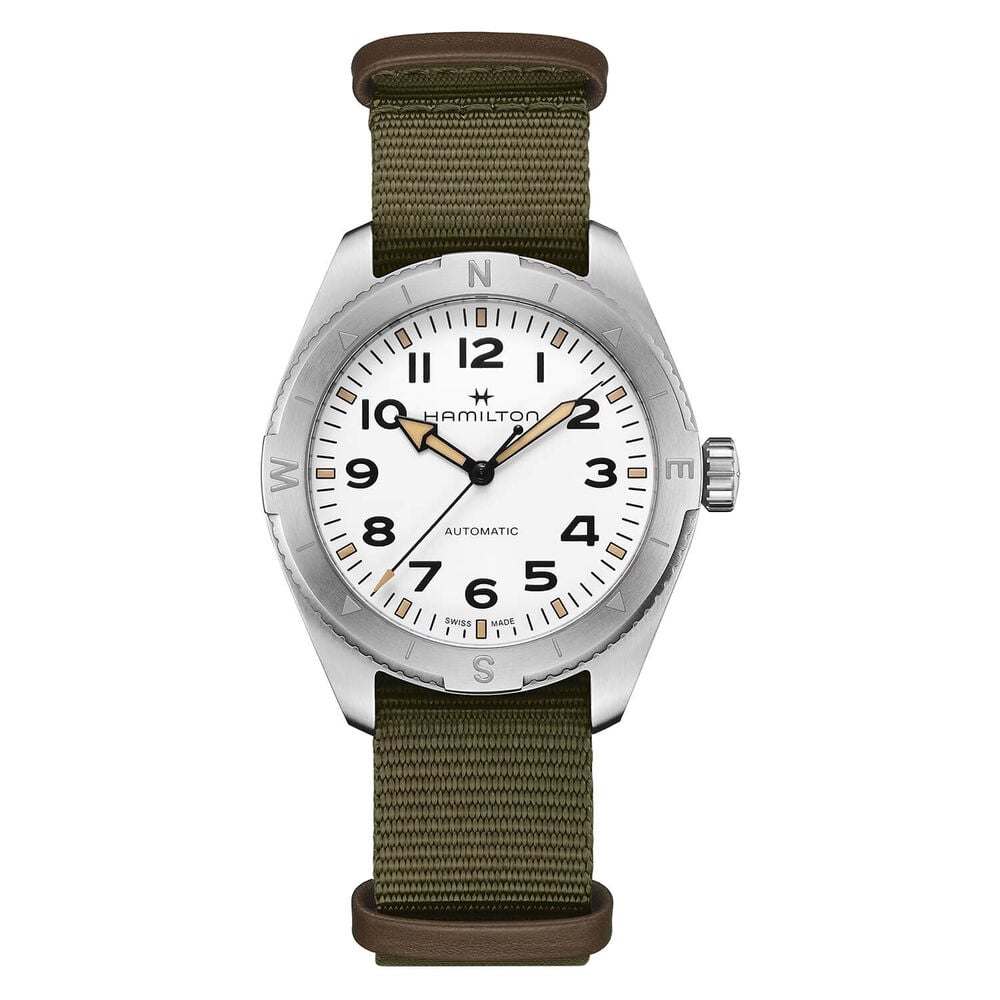 Hamilton Khaki Field Expedition Auto 41mm White Dial Steel Case Green Strap Watch image number 0