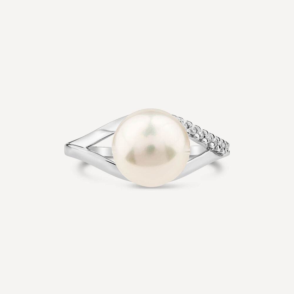 9ct White Gold Freshwater Pearl Cubic Zirconia Set Split Shoulders Ring image number 1